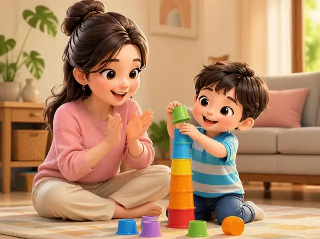 Bunda dan si kecil menyusun menara gelas