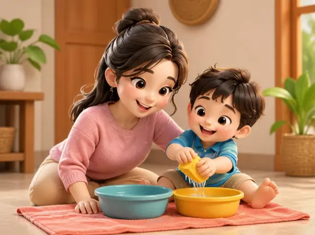 Si kecil bermain spons dan air