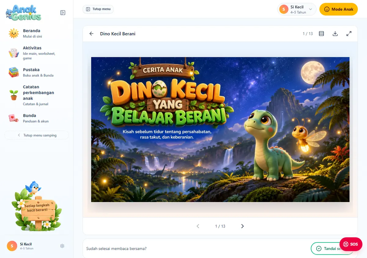 Storybook Dino Kecil Berani di aplikasi Anak Genius