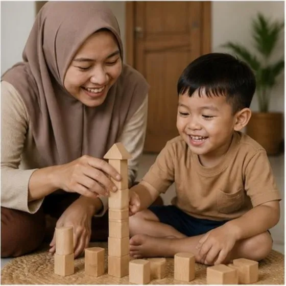 Bunda dan si kecil tertawa menyusun balok