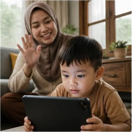 Si kecil menatap tablet dan tidak menoleh saat dipanggil