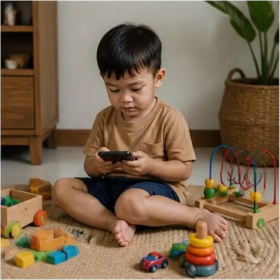 Si kecil sendirian dengan HP, mainannya tidak tersentuh