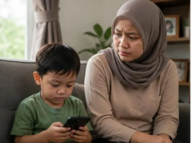 Si kecil asyik dengan HP, Bunda di sampingnya terlihat khawatir