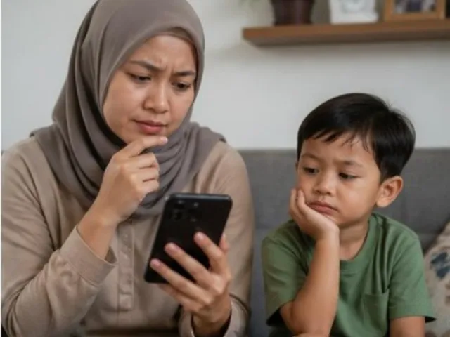 Bunda menggulir video tersimpan di HP, si kecil menunggu