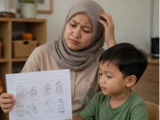 Bunda ragu memegang lembar worksheet